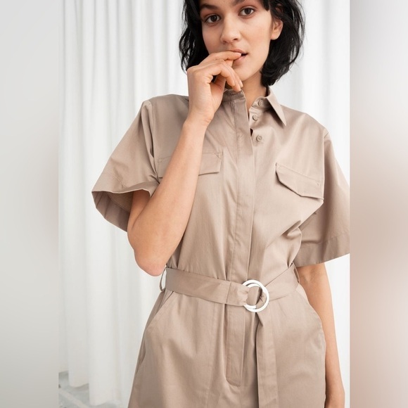 & Other Stories Workwear Boilersuit Tie Waist Straight Leg Jumpsuit Beige Sz4 - Picture 2 of 11